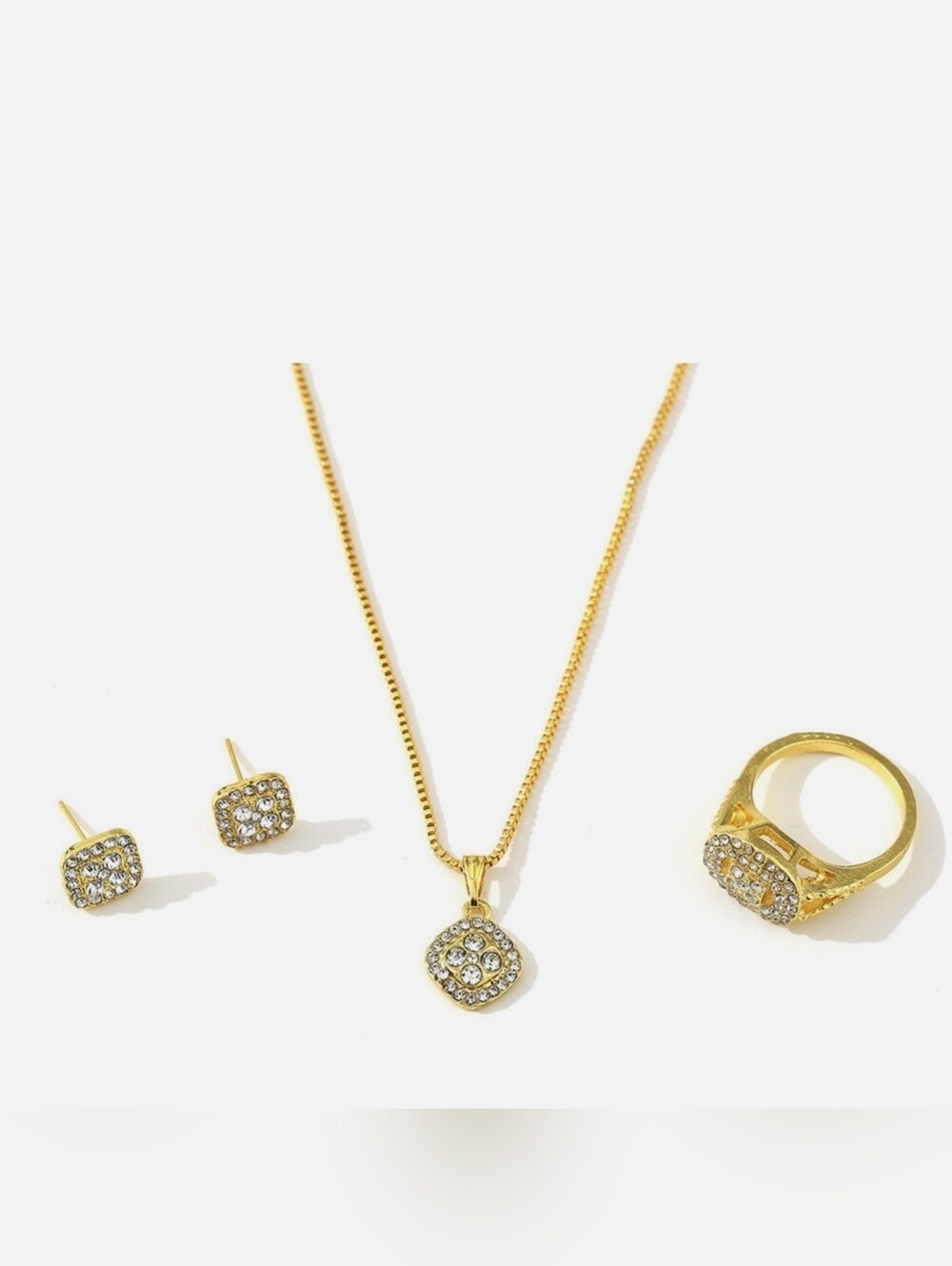 4pc set -Gold Square Necklace,Ring,Earring Set - Picture 3 of 3